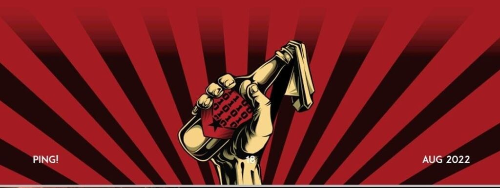 A hand holds a moltov cocktail high, with the rays of a rising sun (depicted in red and black) in the background.